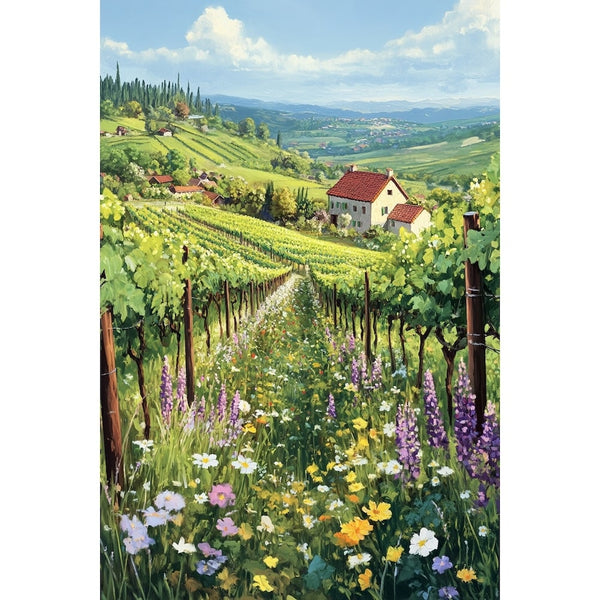 Peinture de Vigne Fleurie et Maison de Campagne, art mural décoration nature