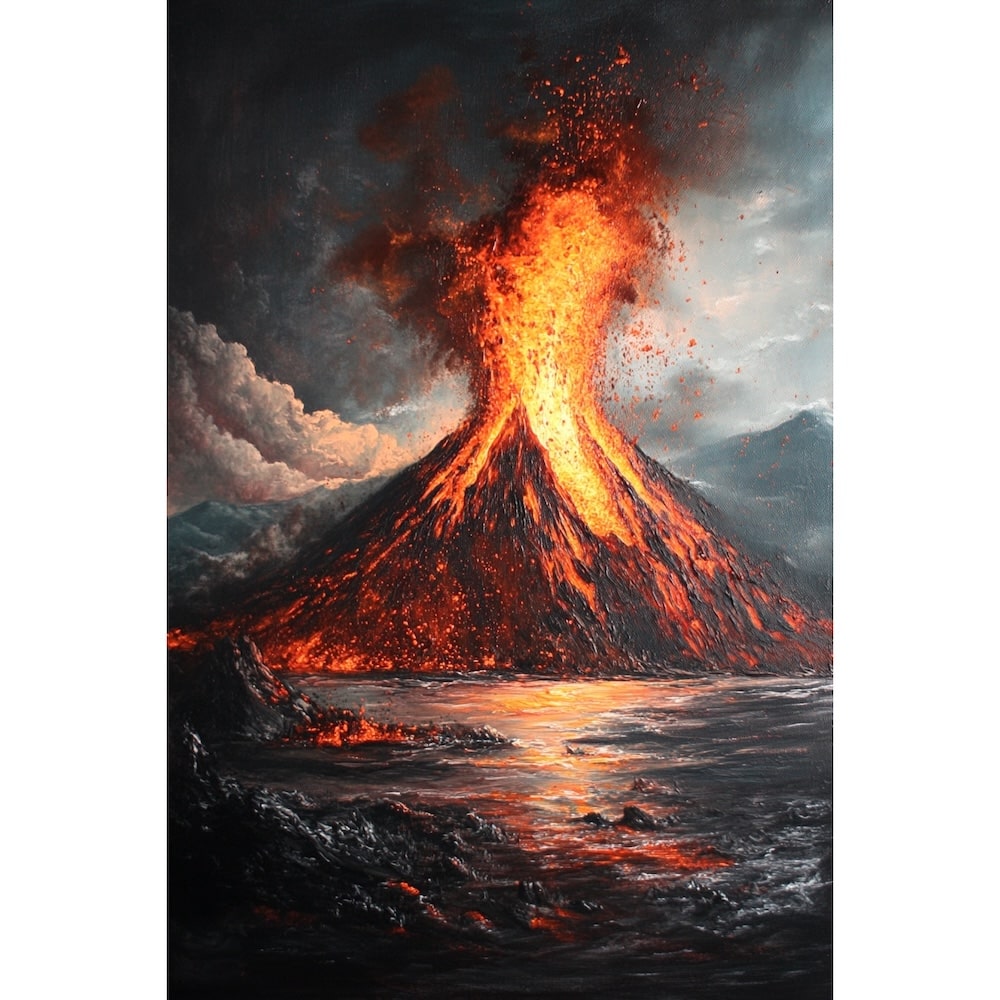 Peinture de Volcan et Coulée de Lave en Mer, art mural décoration nature